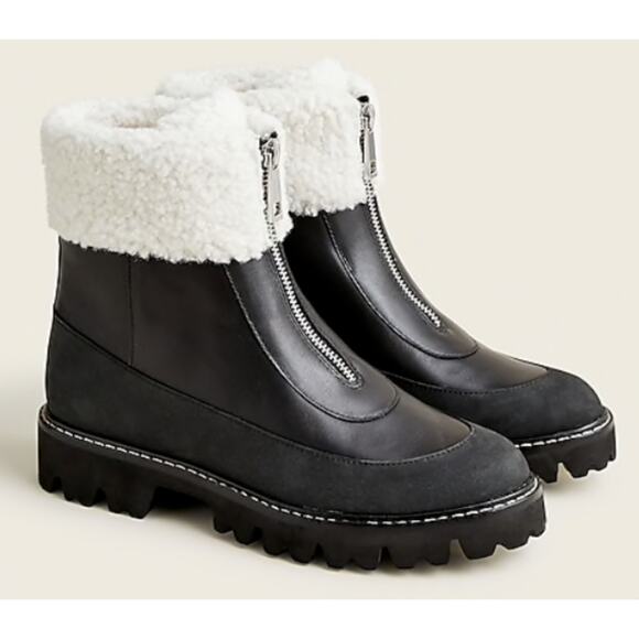 J.CREW J Crew Size 8 Gwen Lug-Sole Front Zip Boots black faux shearling women's - Picture 1 of 13